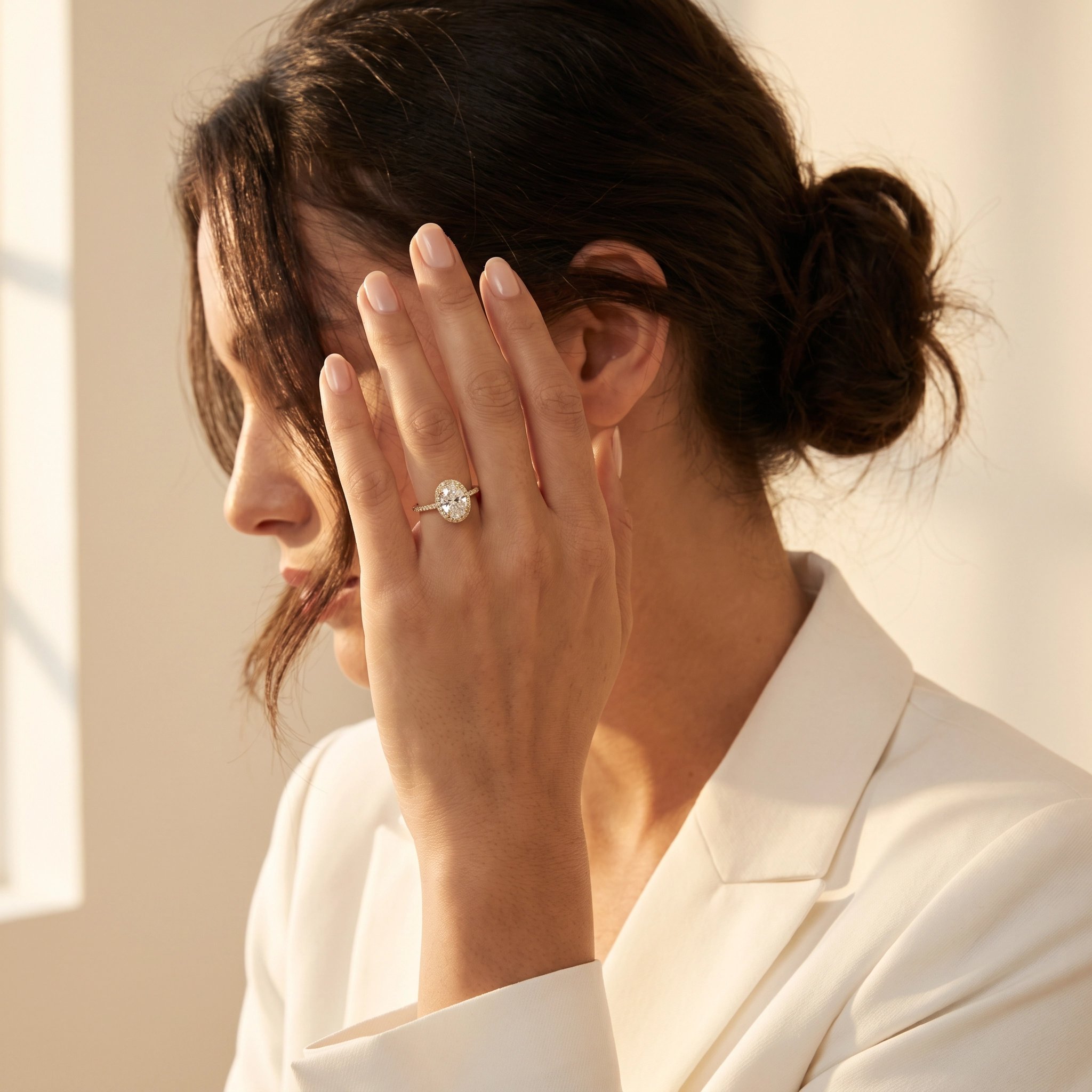 Oval halo yellow gold ring on model