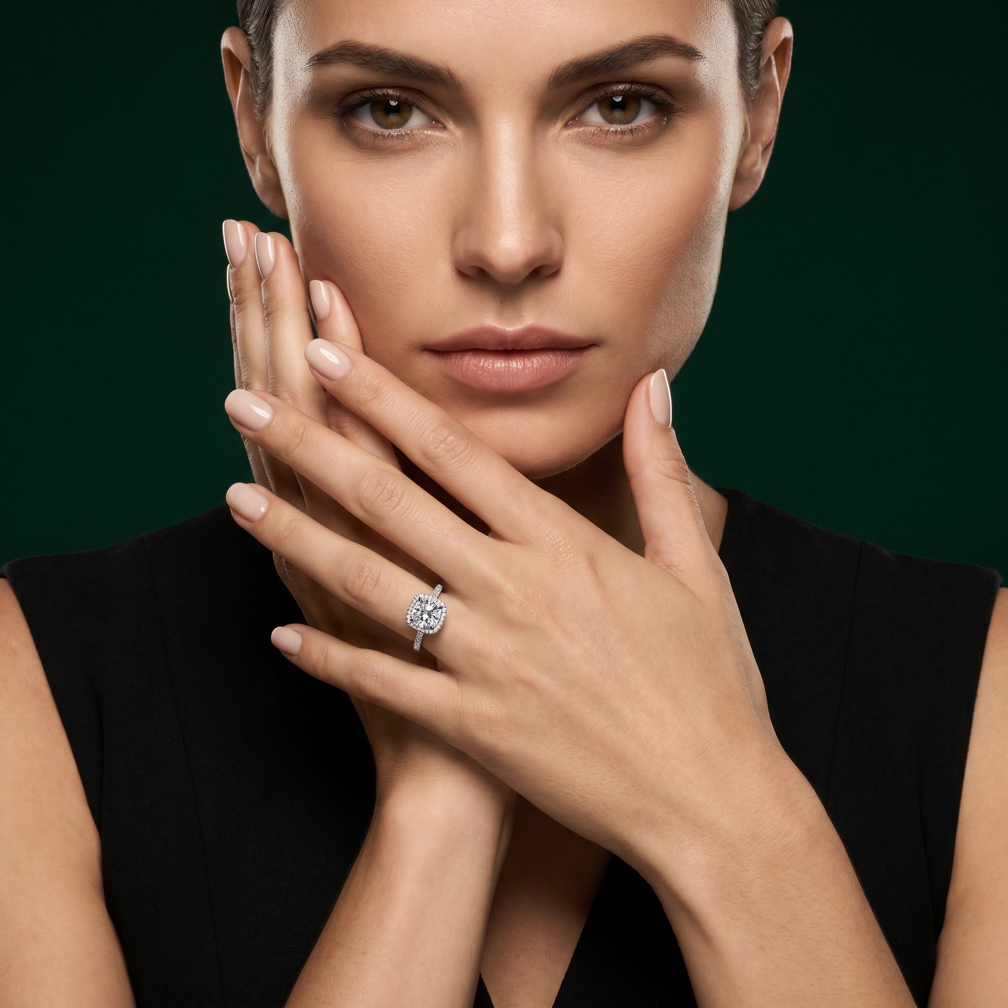 Cushion pavé diamond ring on model